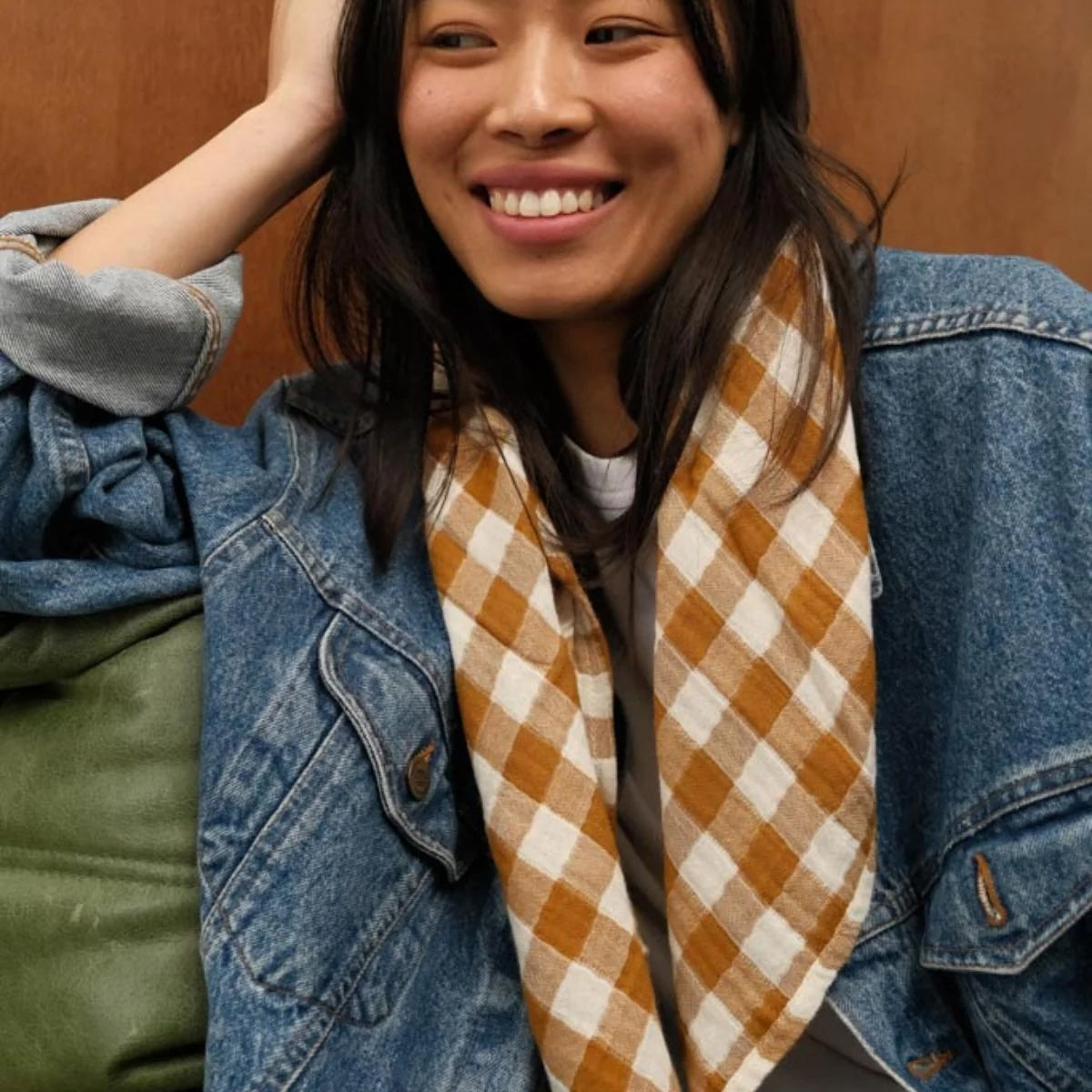 Sciarpa in mussola BIANCA vichy caramello